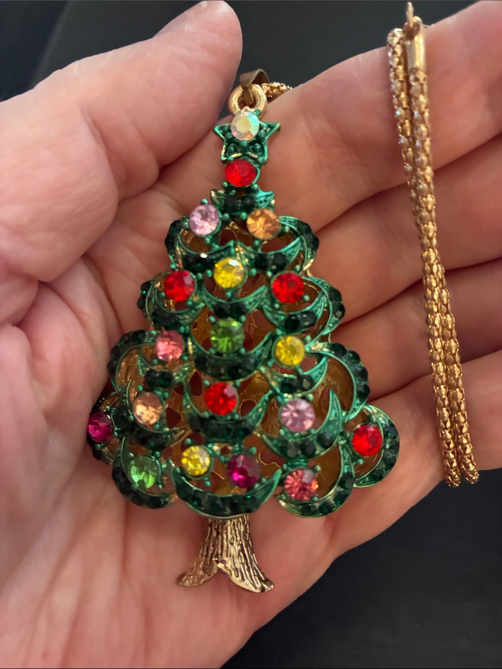 Festive Green Crystal Christmas Tree Pendant Necklace